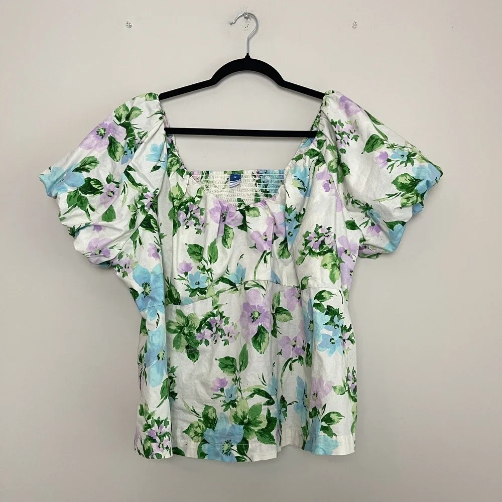 Old Navy Women's Waist-Defined V-Neck Puff Sleeve Top in White Floral Boho Sz 2X